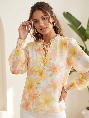 Joie Sheer Floral Tie-Neck Blouse — Yellow & Peach